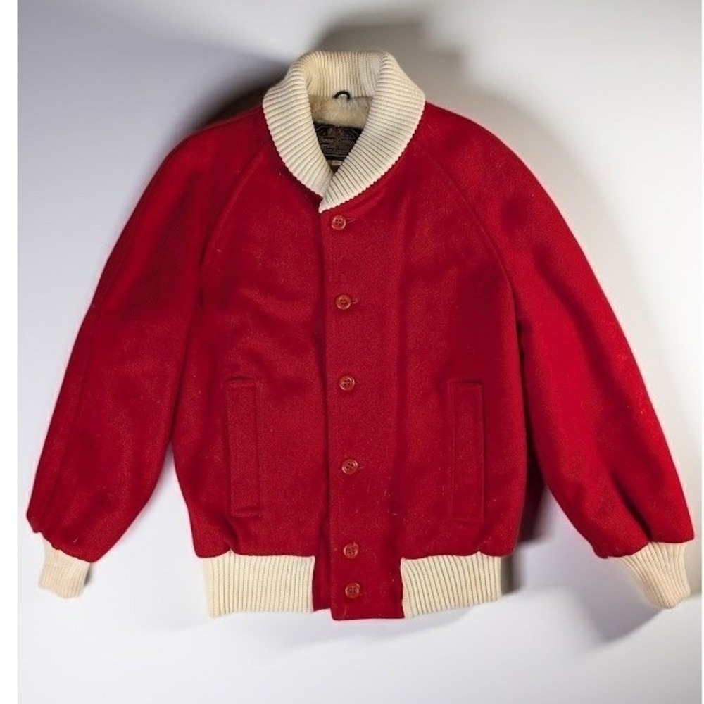 VTG 70s Barry Dolan New York Wool Varsity Jacket Red Cream Shawl Collar Size L